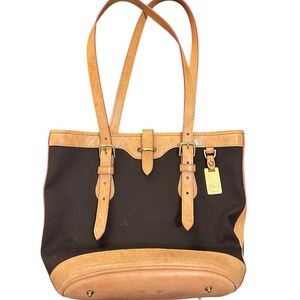 Dooney & Bourke Tan and Black Canvas & Saddle Leather Tote Bag